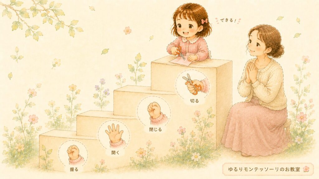 握る、開く、閉じるを積み重ねて、はさみが使えるようになるスモールステップのイラスト