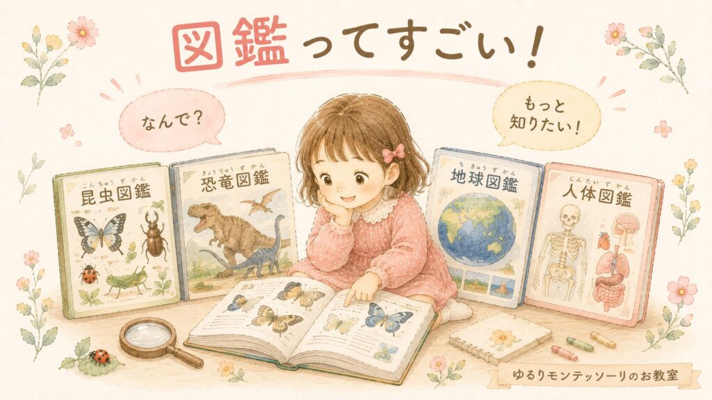 図鑑を夢中で読む女の子のイラスト