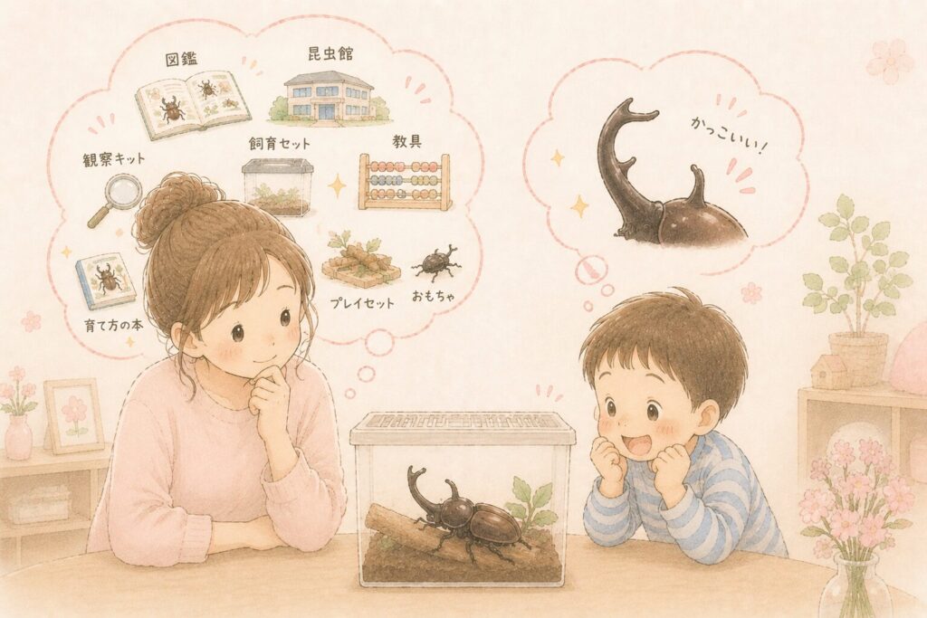 カブトムシを見ている親た子どもの興味の違い