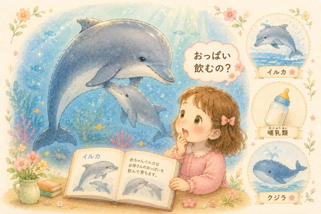親子のイルカを見ながら哺乳類について興味を持つ女の子のイラスト