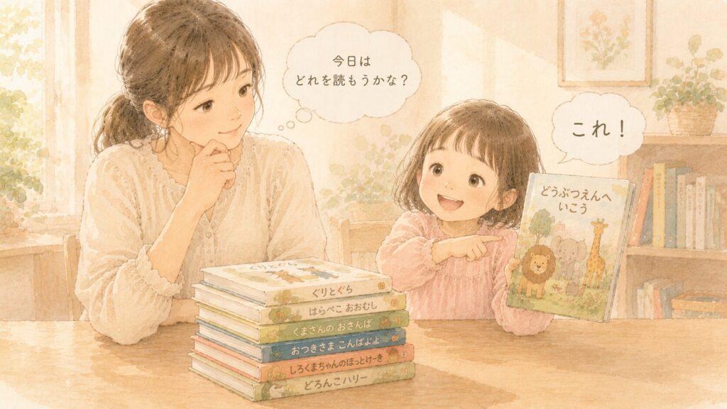 今日読む絵本を一緒に選ぶ親子