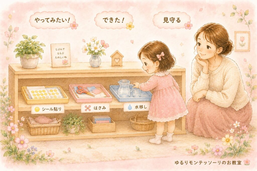 トレイや本物の道具を使って活動する女の子をお母さんが見守るイラスト