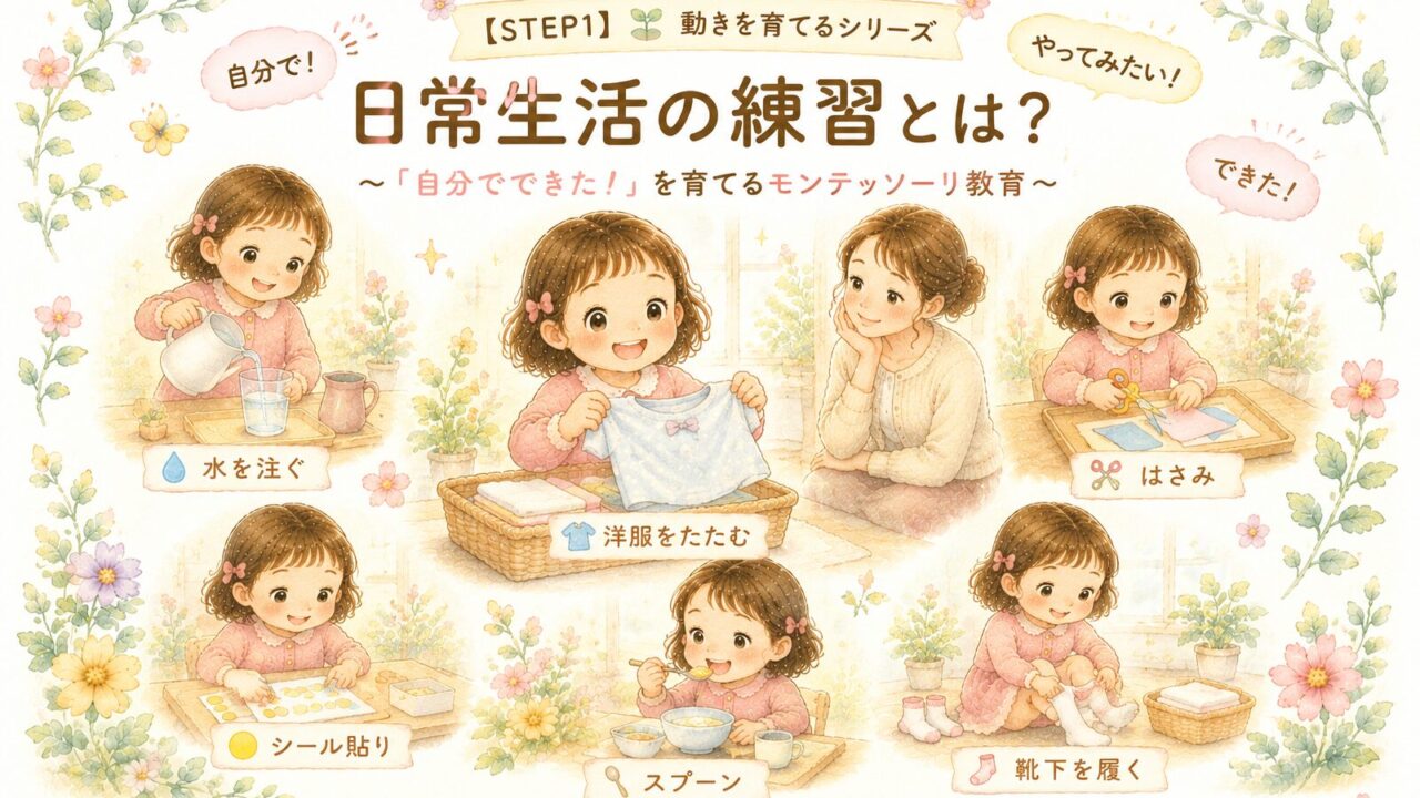 水を注ぐ、はさみ、着替えなど日常生活の活動に取り組む女の子をお母さんが見守るイラスト