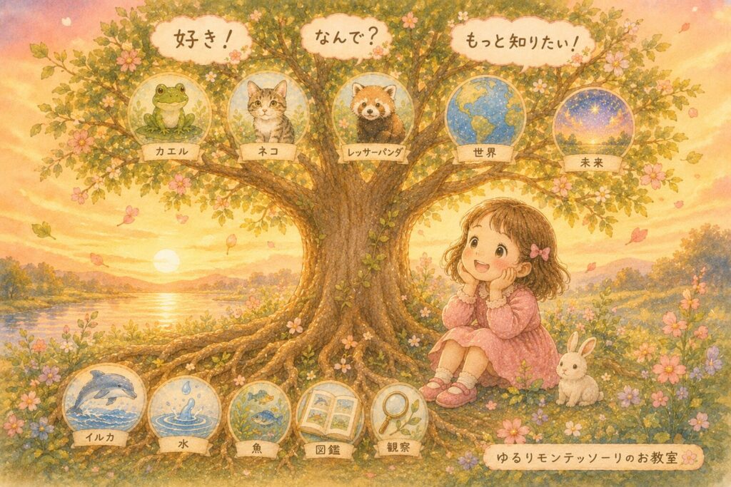 イルカや水、生き物、図鑑などが未来へつながる種になることを表した大きな木と女の子のイラスト