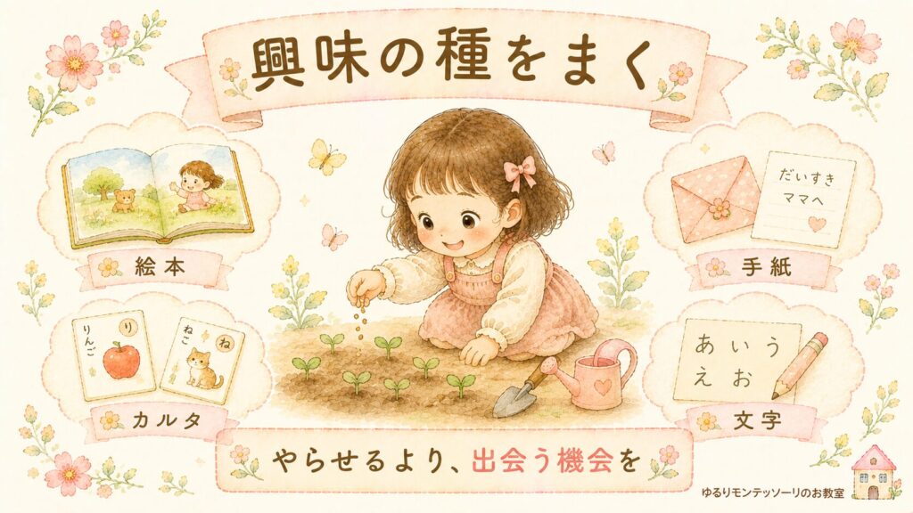 絵本や文字遊びなど興味の種をまく様子を表したイラスト
