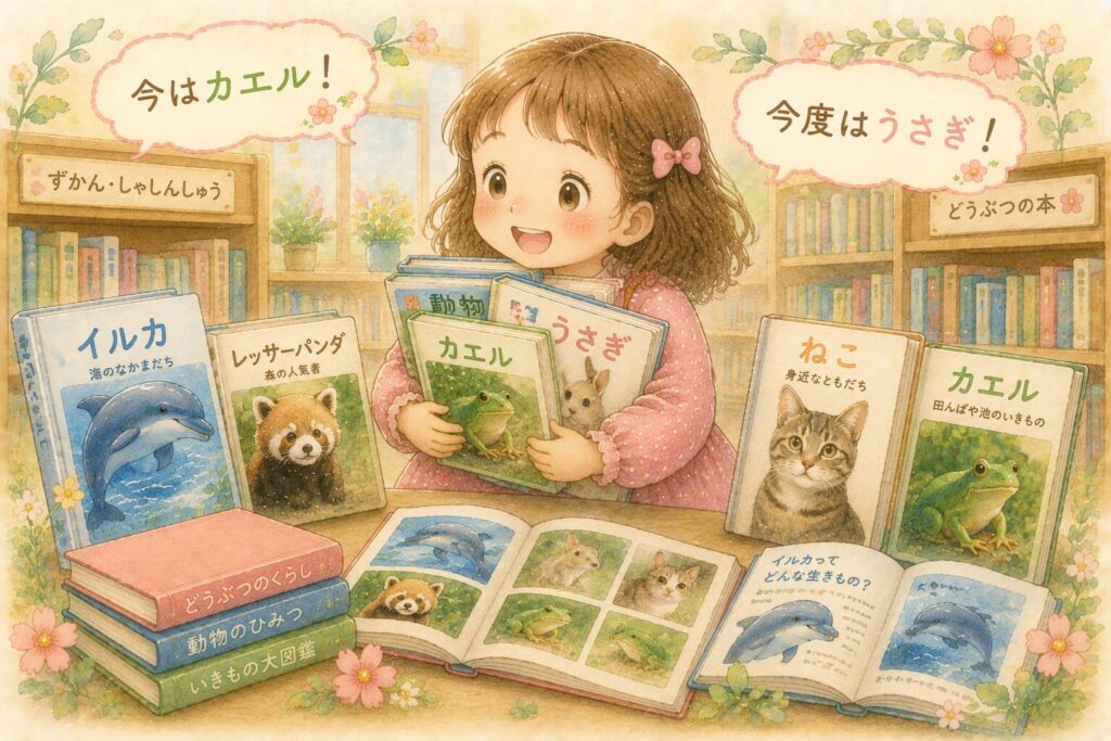 図書館でイルカや犬、うさぎなどの図鑑や写真集を楽しむ女の子のイラスト