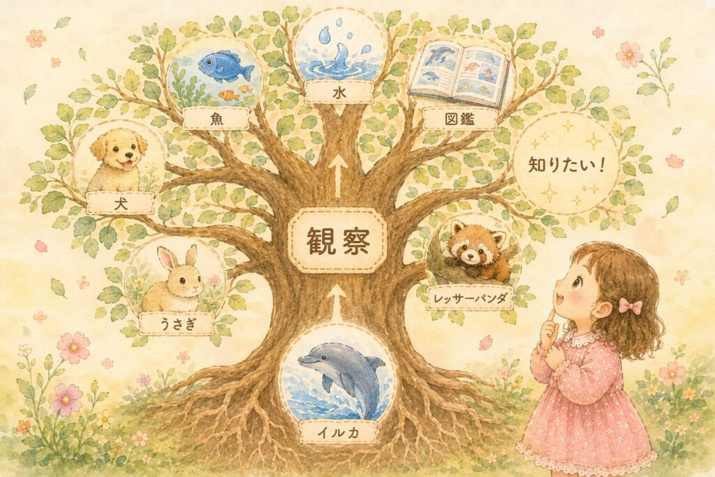 イルカから水や魚、犬や図鑑へ興味が広がっていく様子を表した大きな木のイラスト