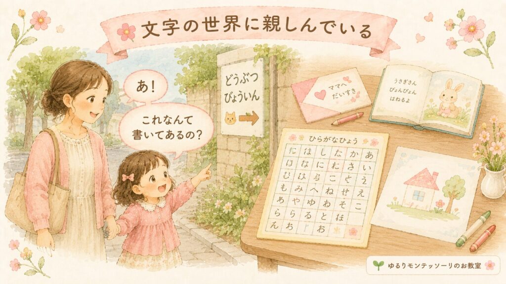 看板の文字を指差したり、お手紙を書こうとしたりする女の子のイラスト