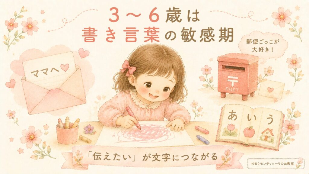 3〜6歳の書き言葉の敏感期。ぐるぐるお手紙を書く女の子