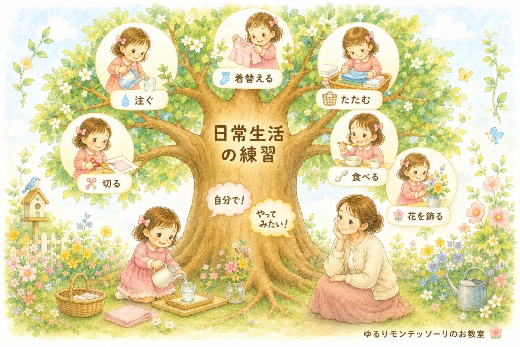 日常生活の練習が大きな木となり、注ぐ、着替える、切るなどの活動へ広がっていくイラスト