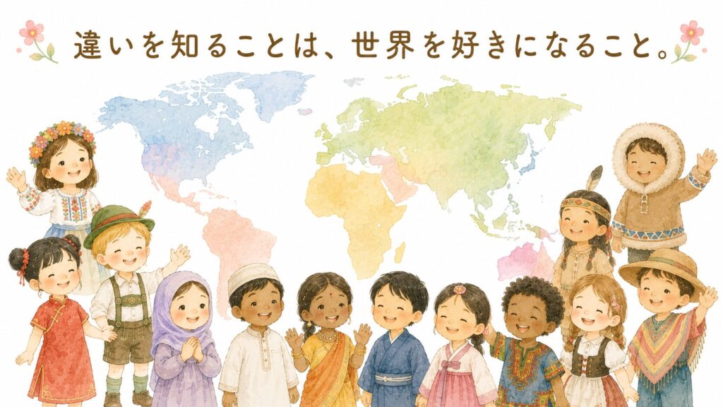 さまざまな文化や国の子どもたちが笑顔で交流するイラスト