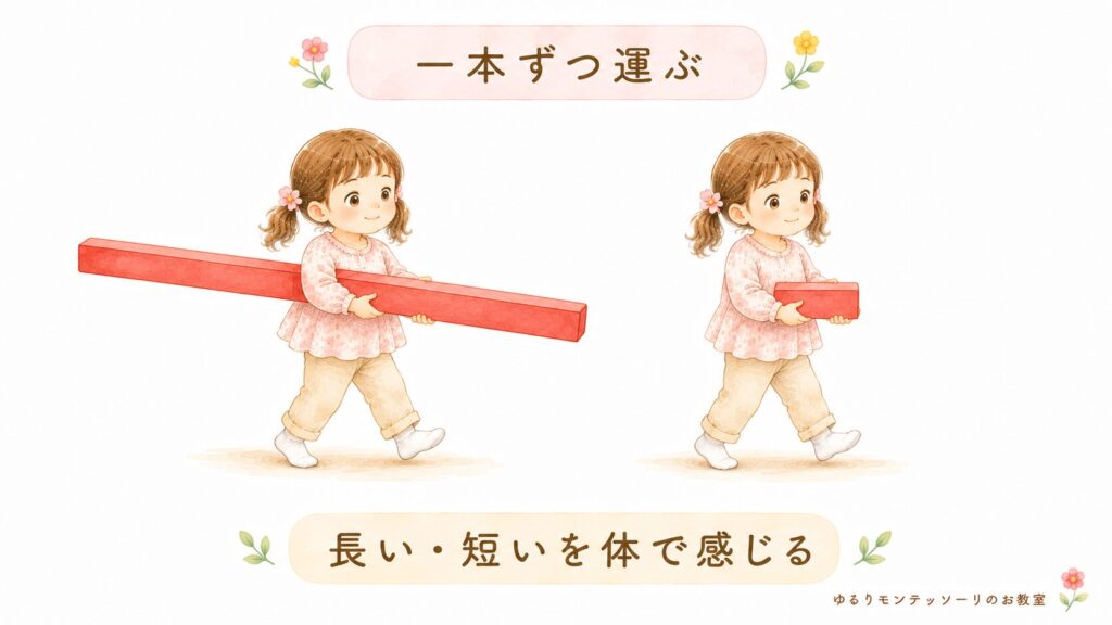赤い棒を一本ずつ運ぶ活動