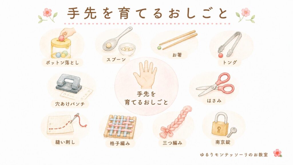 モンテッソーリ教育の手先を育てるおしごと一覧