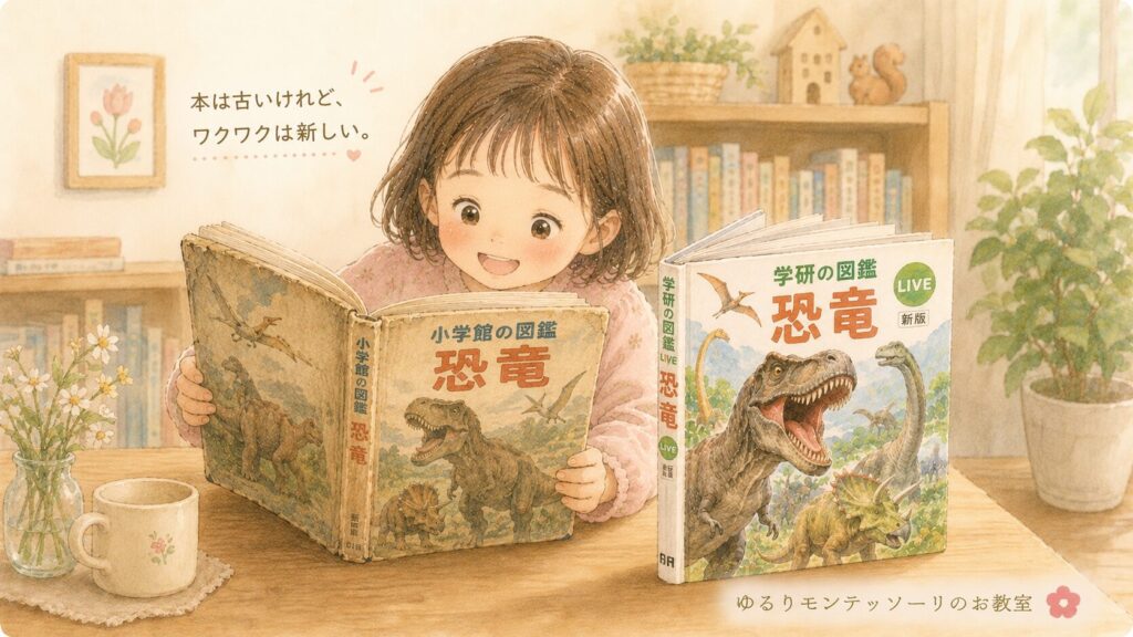 古い図鑑と新しい図鑑を楽しむ子ども