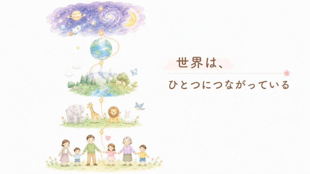 宇宙から人へとつながる世界を表したイラスト