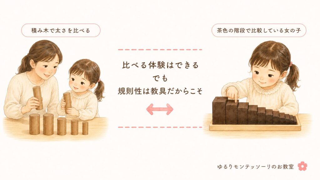 積み木と茶色の階段の比較