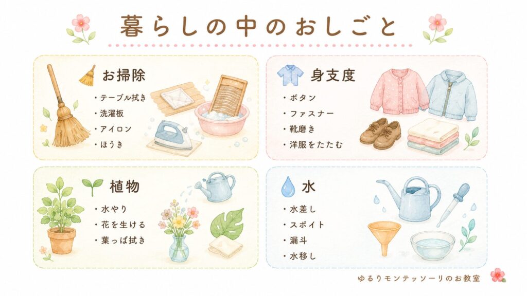 モンテッソーリ教育のお掃除・身支度・植物・水を扱うおしごと