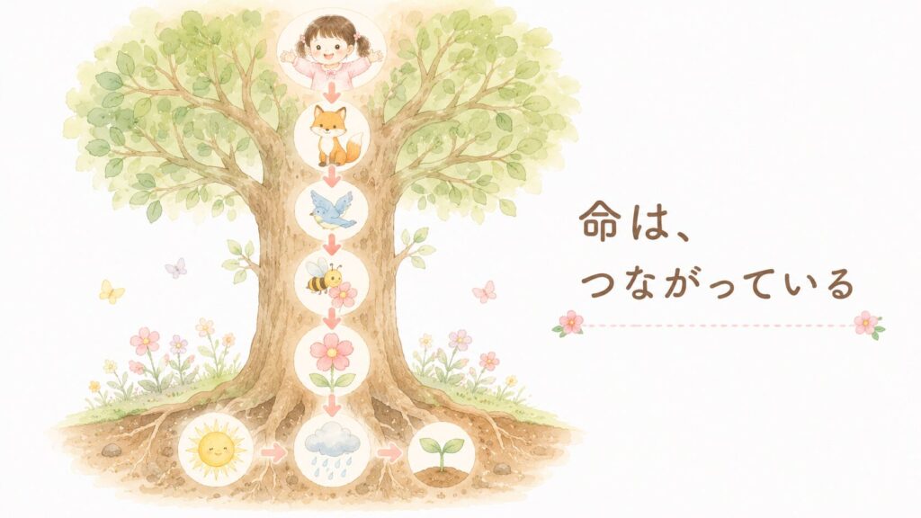 太陽や雨、生き物、人がつながる世界