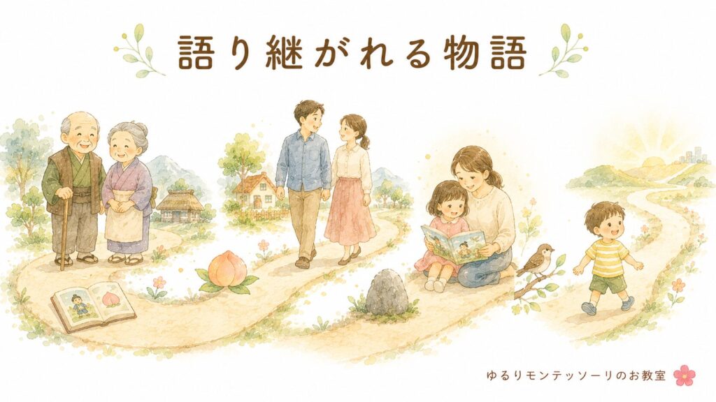 世代を超えて昔話が語り継がれていくイメージ