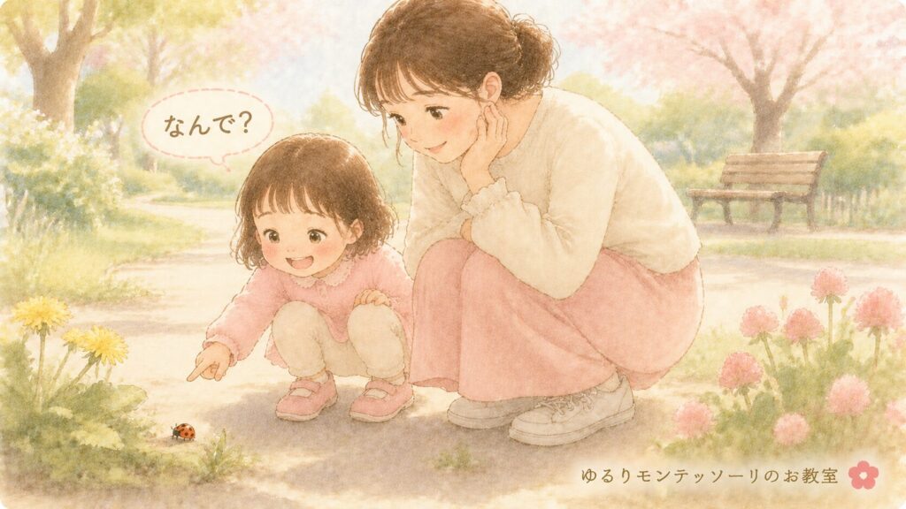 散歩中にてんとう虫を見つけて興味を持つ女の子
