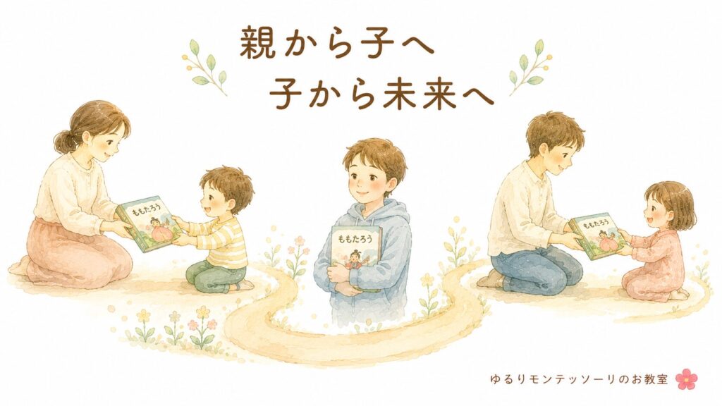 親から子へ昔話の絵本を受け継ぐ親子