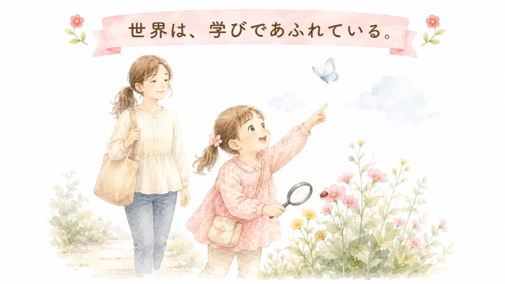 世界を見つめる親子の後ろ姿