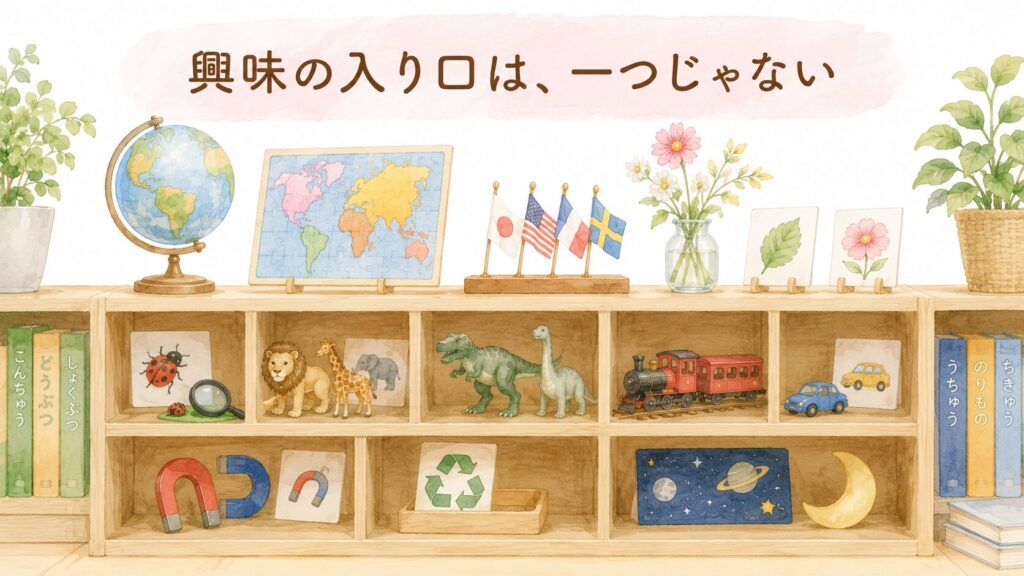 植物や昆虫、国旗などさまざまな文化教具