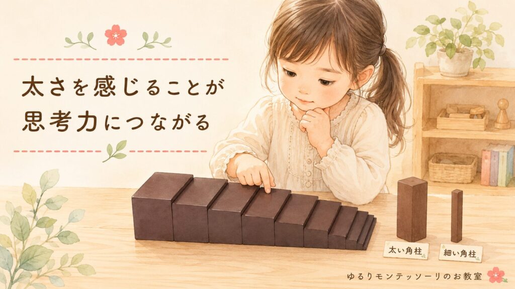 茶色の階段で太さの違いを比べる女の子