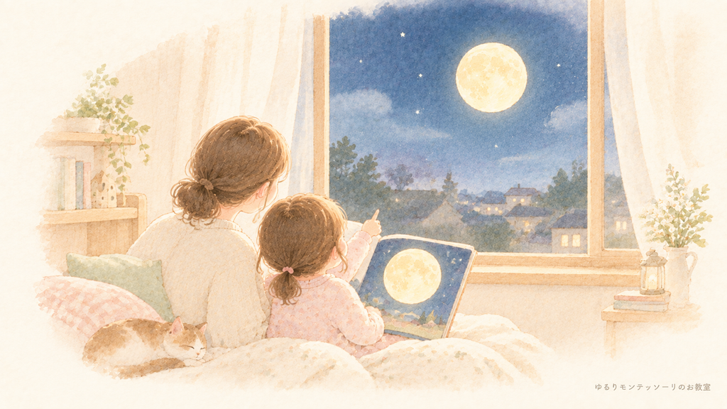 絵本の月と本物の月を見比べる親子のイラスト