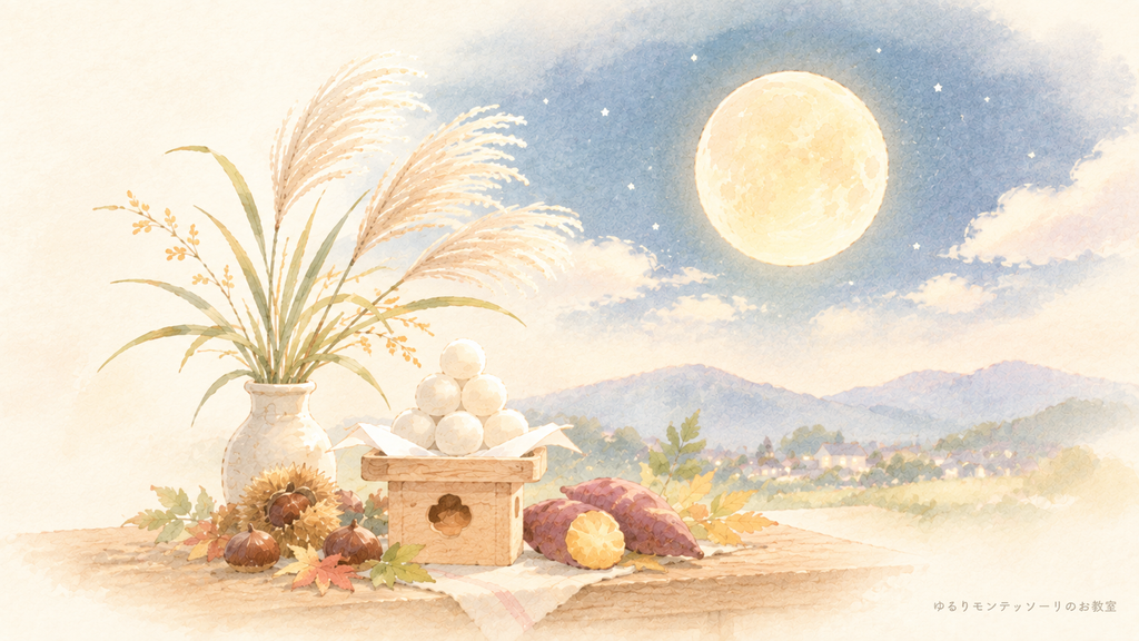 満月とススキやお団子を描いた、お月見を表現したイラスト