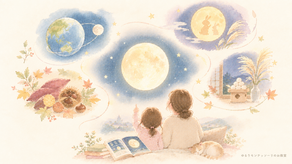 お月見から地球や季節に興味を持った子どものイラスト